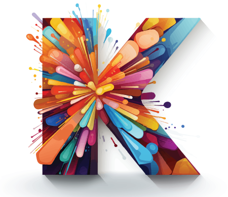 Logo icon in the shape of a stylized letter "K" represented in a burst of vivid colors and dynamic shapes. The "K" is abstract and artistic, with no clear boundaries, formed by an array of colorful splatters and strokes that evoke the image of a kaleidoscope. The colors range widely, including shades of blue, orange, red, yellow, and green, all bursting outward from the central axis of the "K". This design suggests creativity, diversity, and energy.