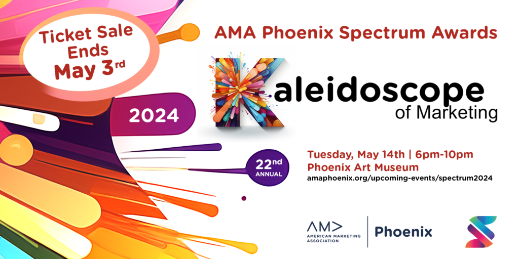Promotional banner for the 22nd Annual AMA Phoenix Spectrum Awards 2024, titled 'Kaleidoscope of Marketing'. The event is scheduled for Tuesday, May 14th, from 6 pm to 10 pm at the Phoenix Art Museum. The design features a vibrant, multicolored kaleidoscope pattern in the shape of an 'K', signifying the Kaleidoscope logo logo, against a background with abstract splashes of paint in orange, red, yellow, and blue. Below the kaleidoscope image, details of the event are provided along with the website for more information: amaphoenix.org/upcoming-events/spectrum2024. The American Marketing Association Phoenix logo and Spectrum Awards logo are at the bottom.