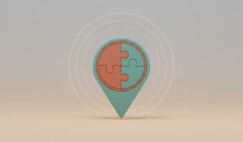 Two interlocking puzzle pieces forming a location pin on a soft gradient background, symbolizing local partnerships driving efficient reach.