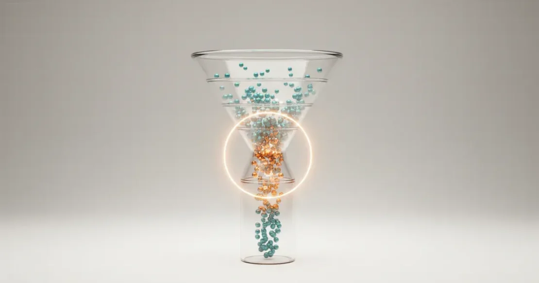 Translucent customer journey funnel with glowing data points and a highlighted bottleneck on a soft neutral background.