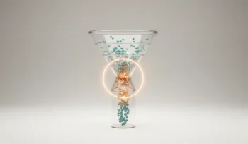 Translucent customer journey funnel with glowing data points and a highlighted bottleneck on a soft neutral background.