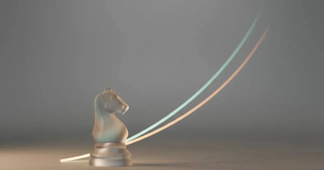 Frosted glass chess knight on neutral background with soft upward light trail symbolizing strategic brand growth.