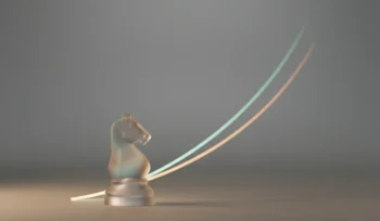 Frosted glass chess knight on neutral background with soft upward light trail symbolizing strategic brand growth.