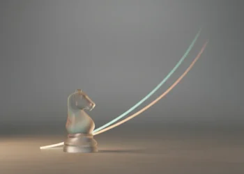 Frosted glass chess knight on neutral background with soft upward light trail symbolizing strategic brand growth.