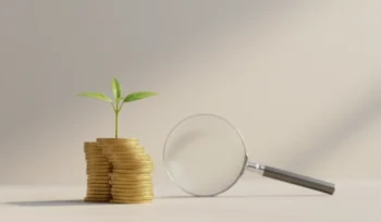 Small green sprout growing from a stack of coins, with a magnifying glass nearby on a soft neutral background.