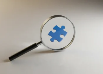 Magnifying glass highlighting a lone blue puzzle piece on a neutral background, symbolizing a missed question in competitor research.