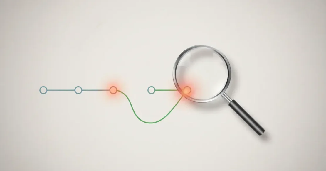 Magnifying glass highlighting a hotspot on a clean customer journey path with a smooth green detour, on a soft neutral background