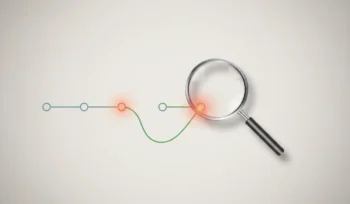 Magnifying glass highlighting a hotspot on a clean customer journey path with a smooth green detour, on a soft neutral background