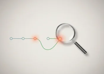 Magnifying glass highlighting a hotspot on a clean customer journey path with a smooth green detour, on a soft neutral background