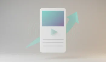 Minimal content card with a play icon and subtle upward arrow on a neutral background, symbolizing a high‑impact, cost‑effective content piece.