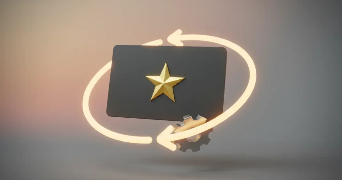 Loyalty card with gold star encircled by a glowing circular arrow and subtle gear on a soft neutral gradient background for retention.