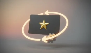 Loyalty card with gold star encircled by a glowing circular arrow and subtle gear on a soft neutral gradient background for retention.