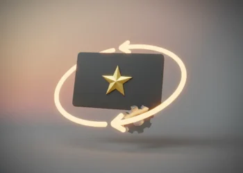 Loyalty card with gold star encircled by a glowing circular arrow and subtle gear on a soft neutral gradient background for retention.