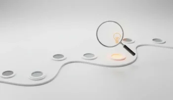 Minimal 3D journey path with checkpoints; a magnifying glass highlights a glowing node topped by a lightbulb, signaling prioritized innovation.