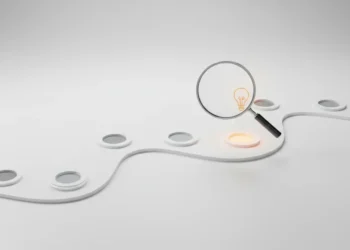 Minimal 3D journey path with checkpoints; a magnifying glass highlights a glowing node topped by a lightbulb, signaling prioritized innovation.