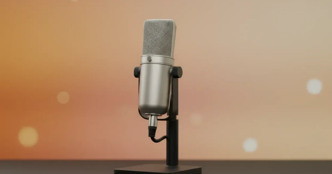 Single studio microphone under warm spotlight against a soft desert-toned background, symbolizing a speaking opportunity from personal brand.