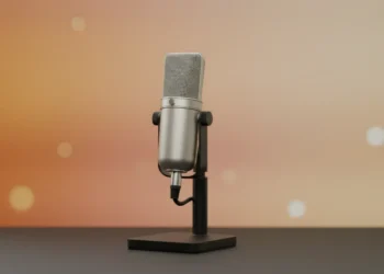 Single studio microphone under warm spotlight against a soft desert-toned background, symbolizing a speaking opportunity from personal brand.