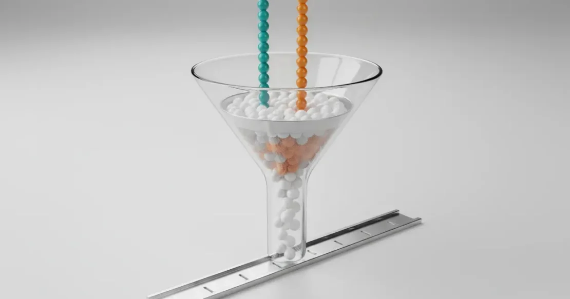 Glass funnel filters two colored streams into evenly spaced white spheres on a metal track, symbolizing aligned lead quality and follow-up.
