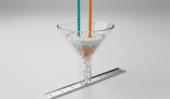 Glass funnel filters two colored streams into evenly spaced white spheres on a metal track, symbolizing aligned lead quality and follow-up.