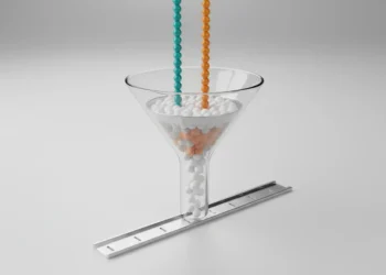 Glass funnel filters two colored streams into evenly spaced white spheres on a metal track, symbolizing aligned lead quality and follow-up.