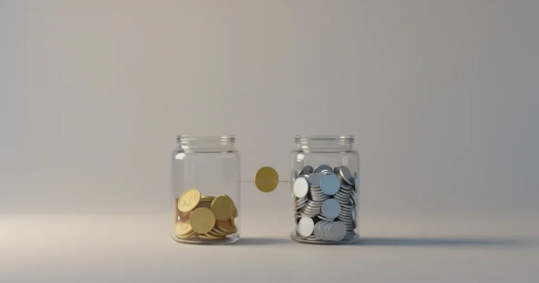 Two glass jars of coins with a single coin hovering between them, symbolizing budget reallocation between brand building and direct response.