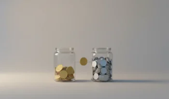 Two glass jars of coins with a single coin hovering between them, symbolizing budget reallocation between brand building and direct response.
