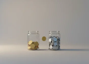 Two glass jars of coins with a single coin hovering between them, symbolizing budget reallocation between brand building and direct response.