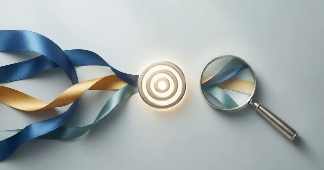 Colored marketing pathways converge on a glowing target beside a magnifying lens, symbolizing multi-channel performance evaluation.