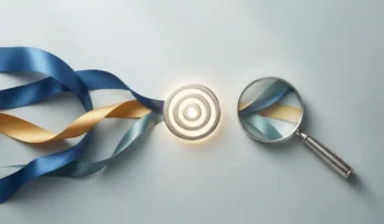 Colored marketing pathways converge on a glowing target beside a magnifying lens, symbolizing multi-channel performance evaluation.
