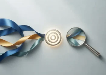 Colored marketing pathways converge on a glowing target beside a magnifying lens, symbolizing multi-channel performance evaluation.